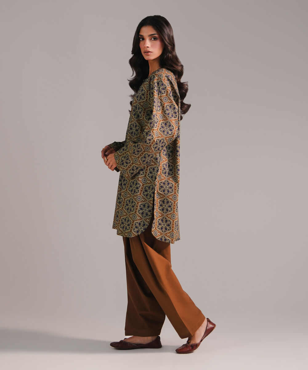 Women's RTW Cambric Printed Brown 2 Piece Suit