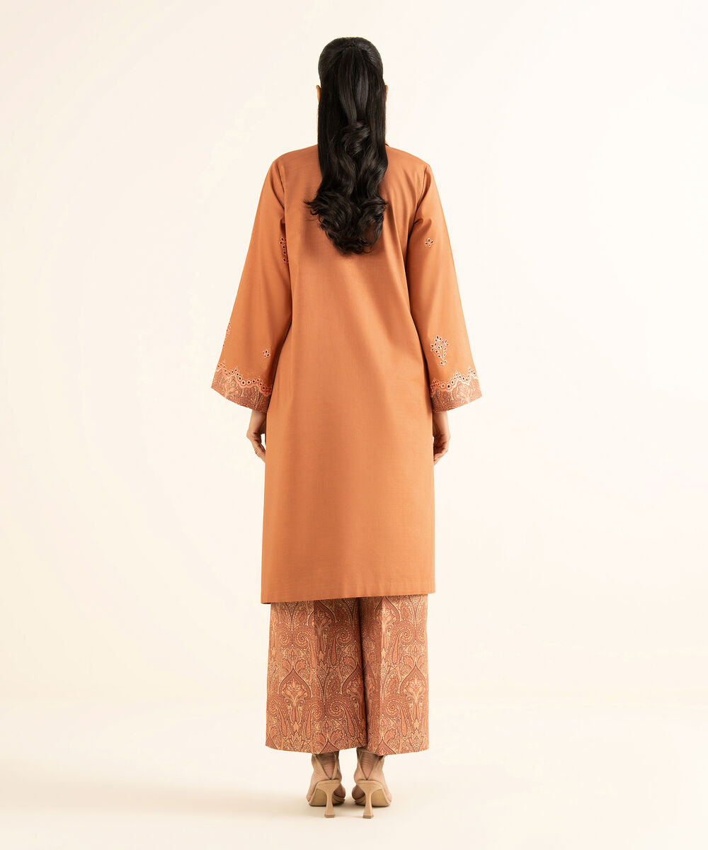 Women's Unstitched Textured Cotton Embroidered Orange 2 Piece Suit