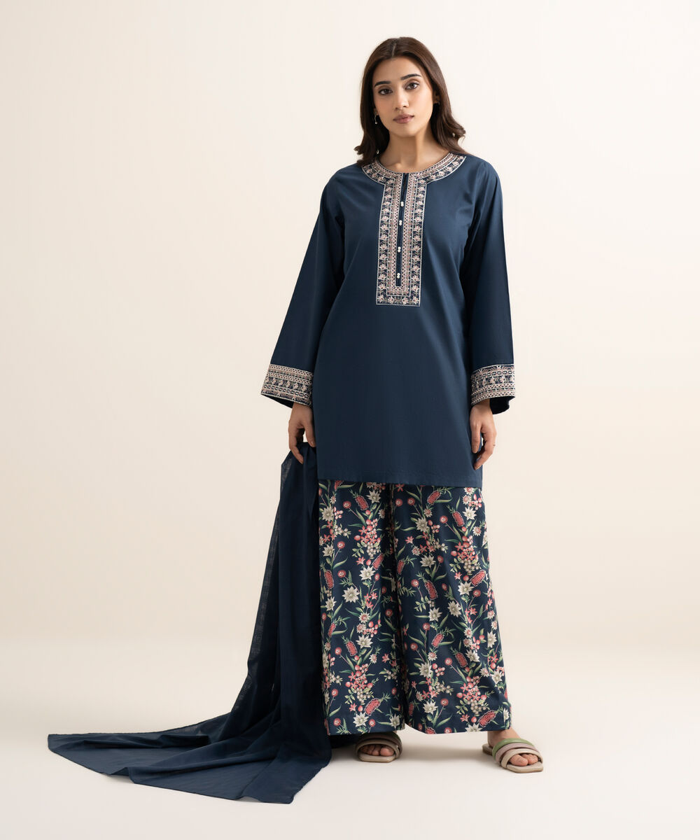 Women's RTW Cambric Embroidered Blue Straight Shirt