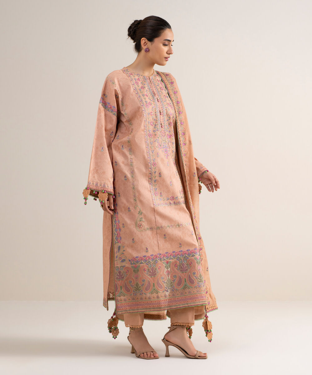 Women's Unstitched Cotton Jacquard Embroidered Pink