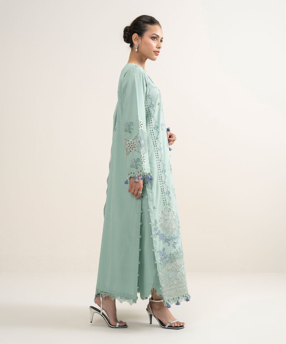 Women's Unstitched Slub Lawn Embroidered Sky Blue 3 Piece Suit