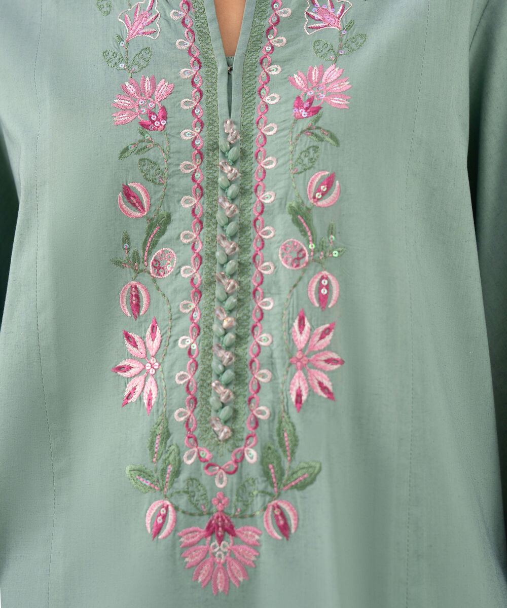 Women's Unstitched Cotton Viscose Embroidered Green 3 Piece Suit