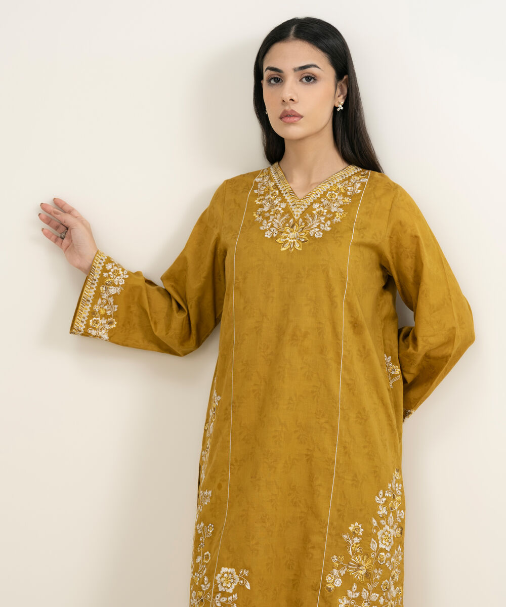 Women's RTW Self Jacquard Embroidered Mustard Yellow A-Line Shirt