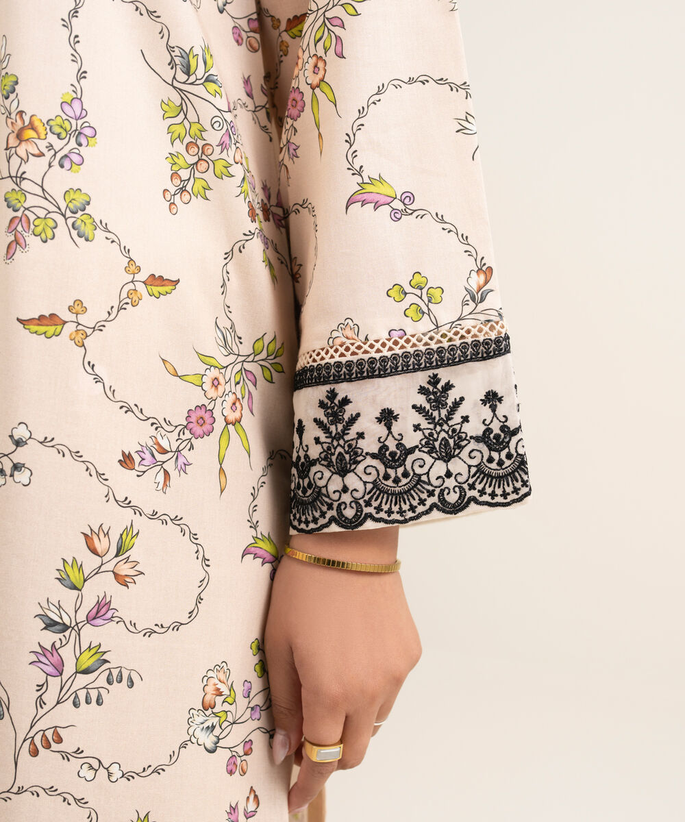 Women's RTW Lawn Embroidered Beige A-Line Shirt