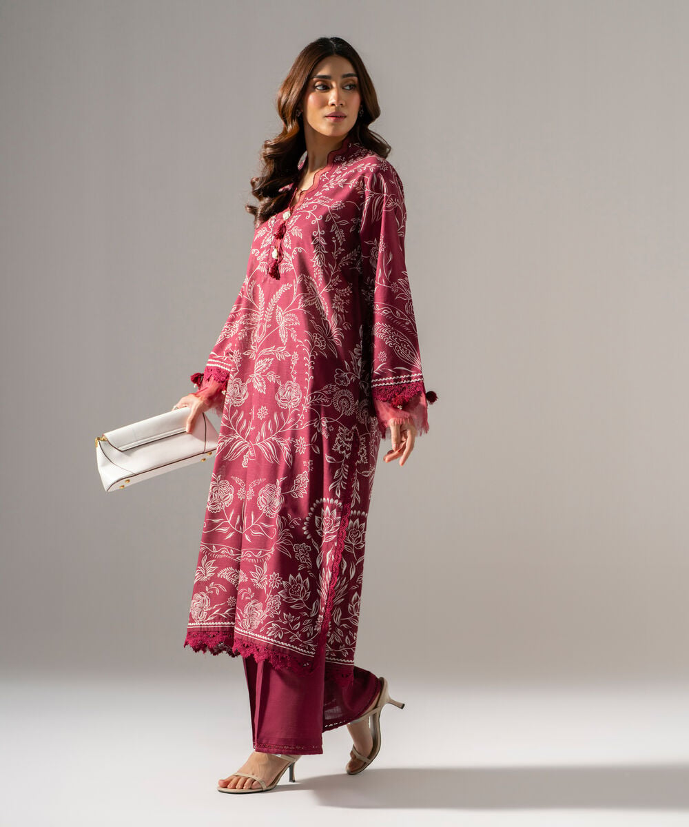 Women's RTW Printed Cross Hatch Maroon A-Line Shirt