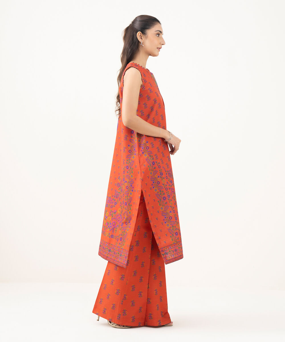 Women's Unstitched Printed Light Khaddar Orange 3 Piece Suit