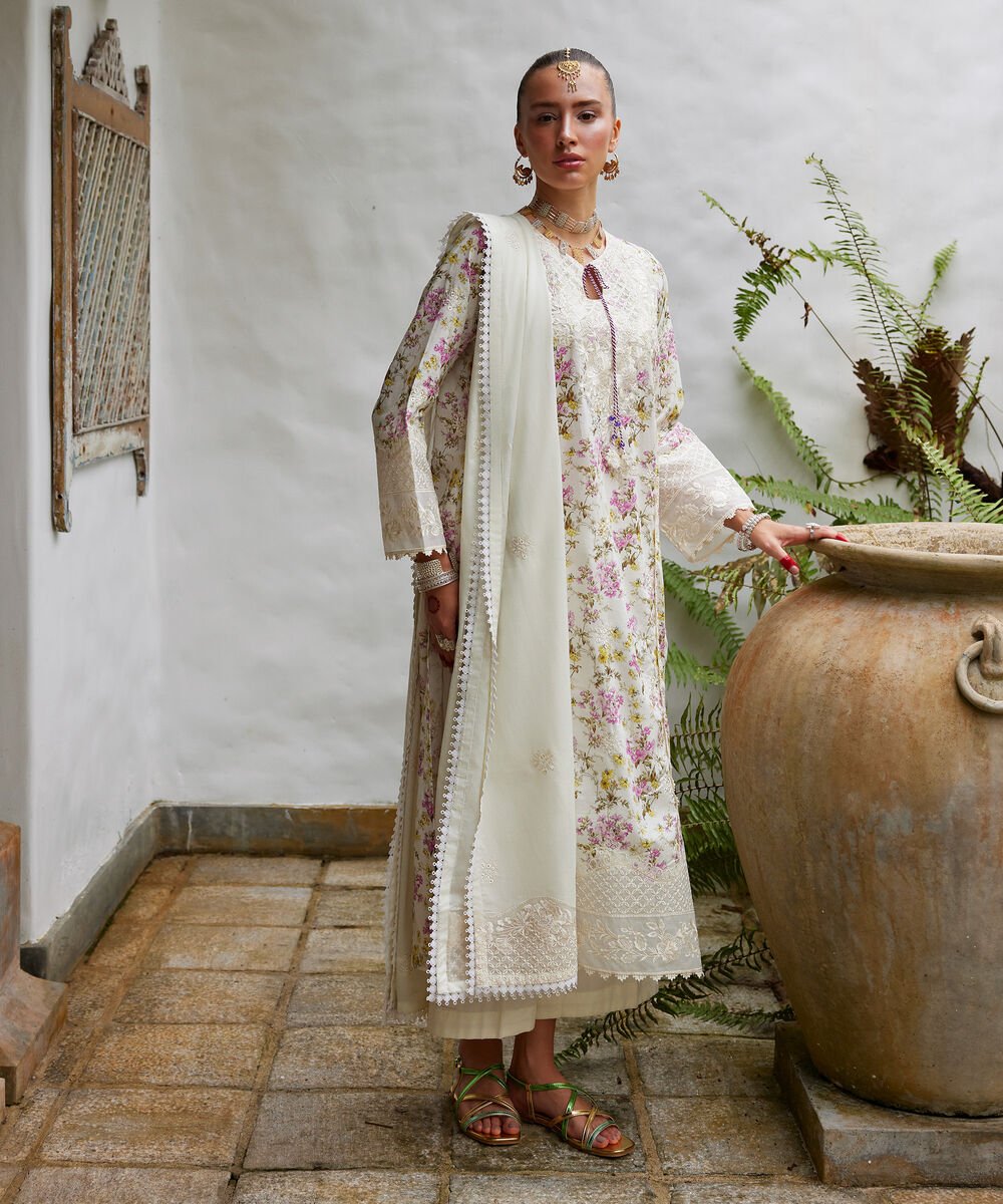 Women's RTW Lawn Embroidered Off White A-Line Shirt