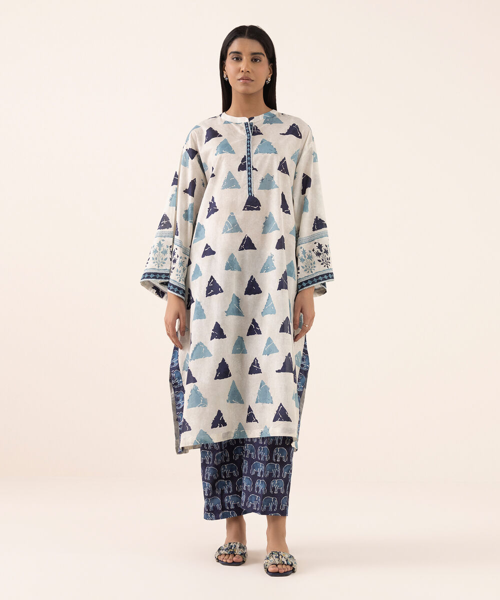 Women's RTW Lawn White Printed Drop Shoulder Shirt