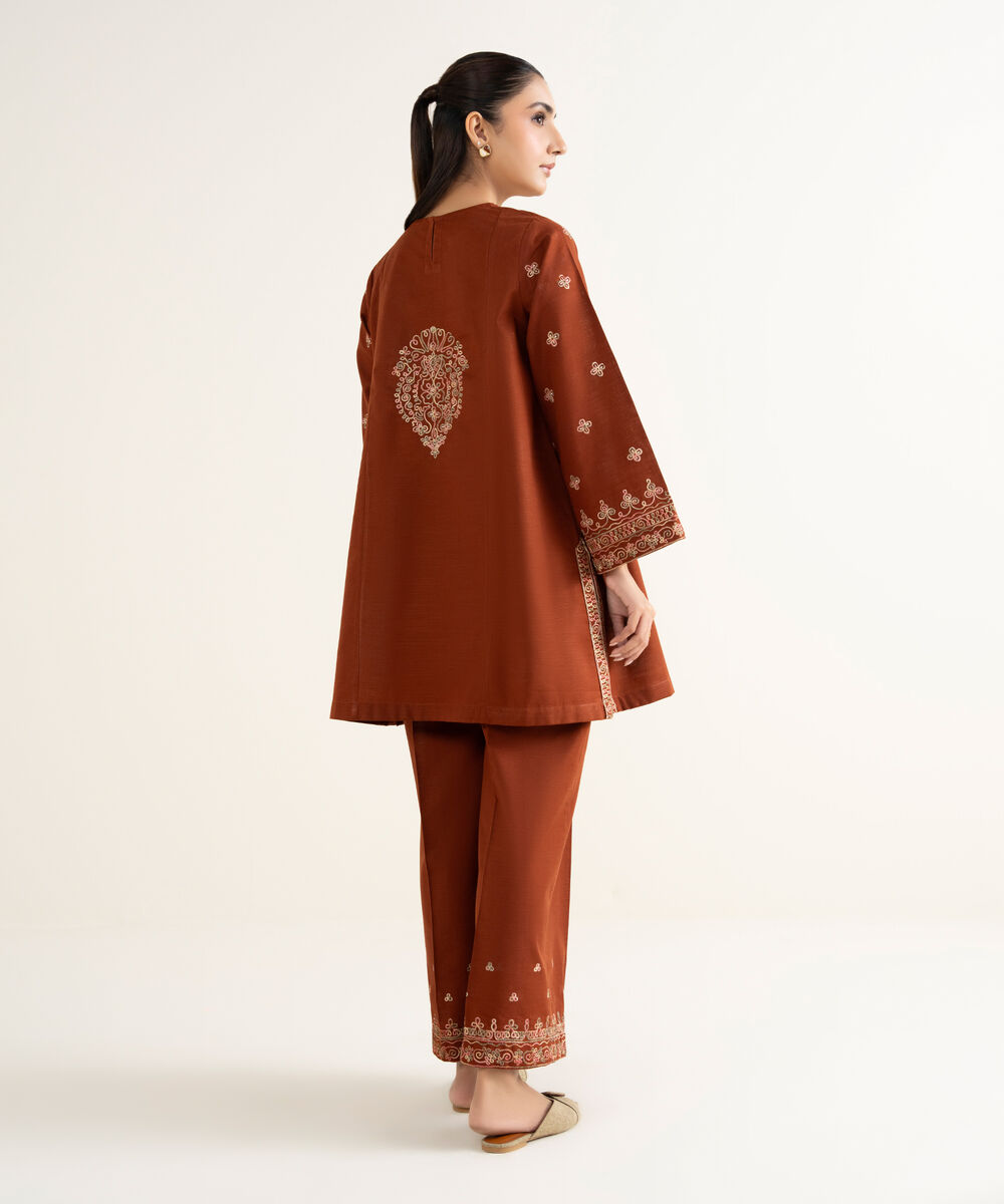 Women's RTW Khaddar Embroidered Dark Brown A-Line Shirt