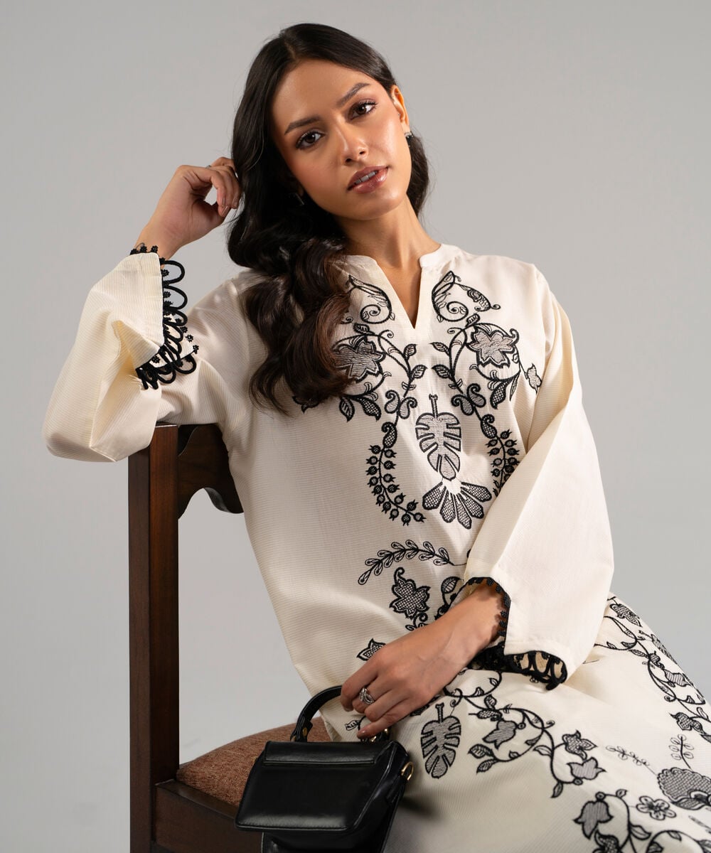 Women's RTW Zari Lawn Embroidered Off White A-Line Shirt