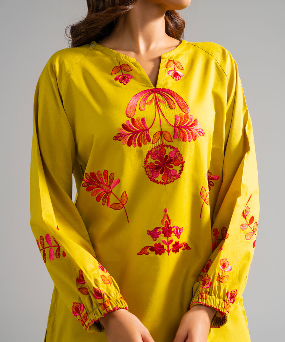 Women's RTW Dobby Embroidered Yellow Straight Shirt
