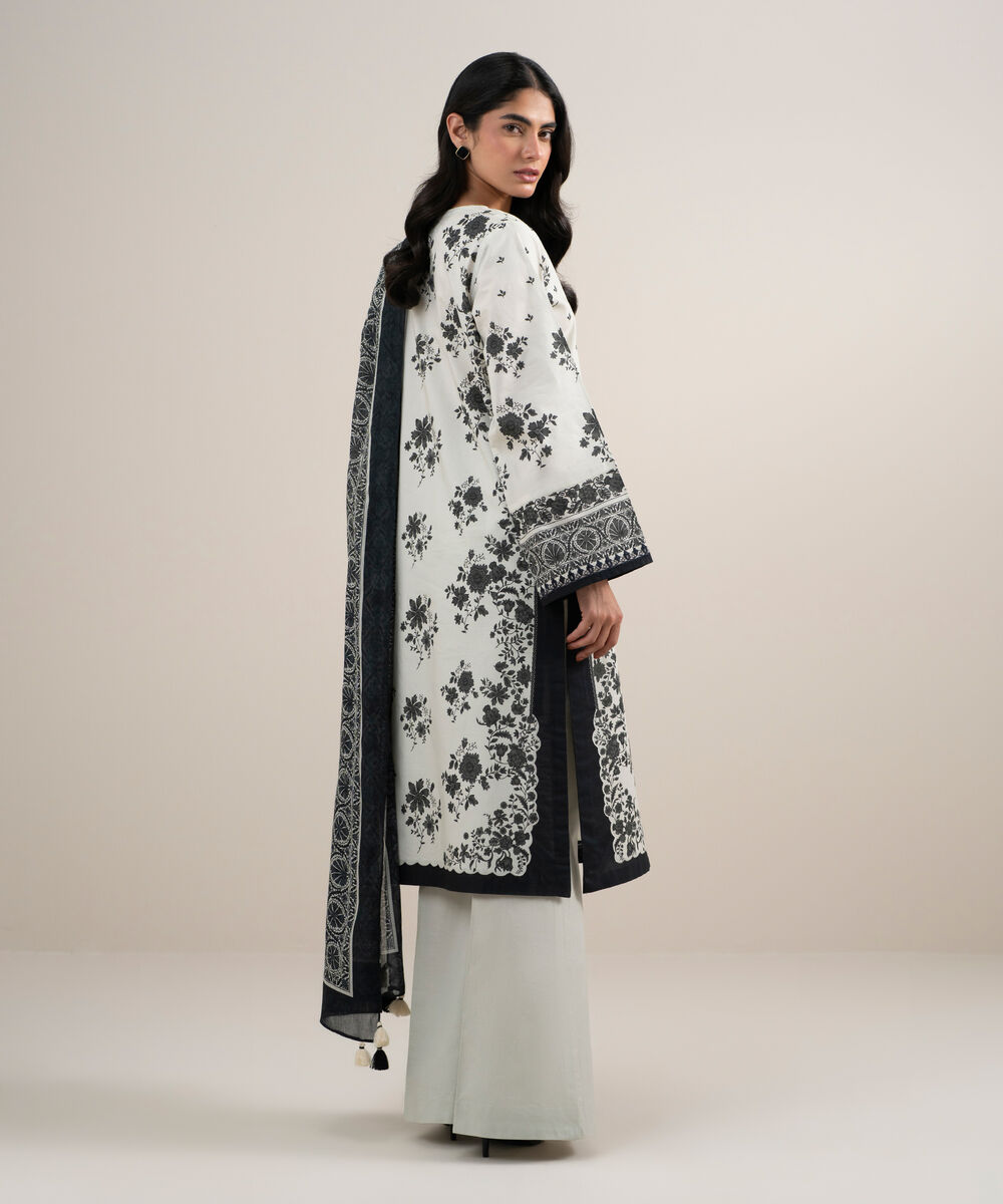 Women's Unstitched Lawn Embroidered Black and White 3 Piece Suit