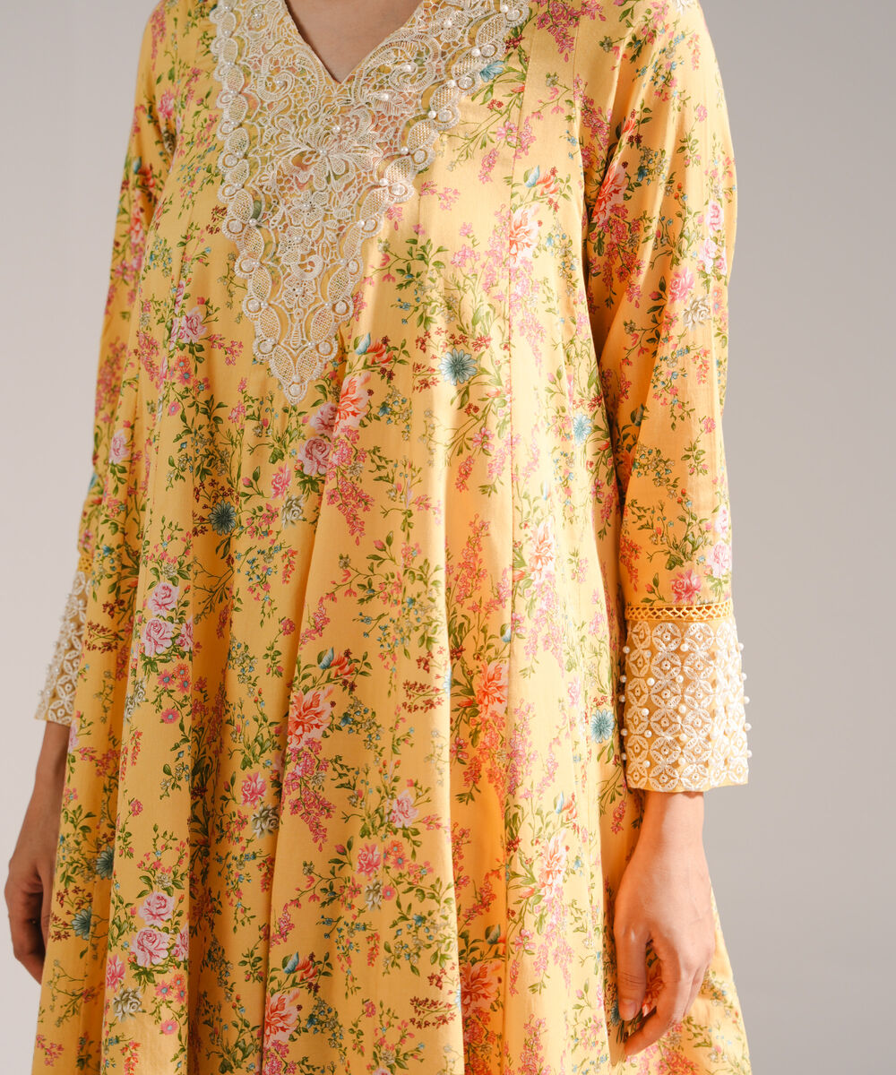 Women's RTW Cotton Satin Embroidered Yellow 3 Piece Suit