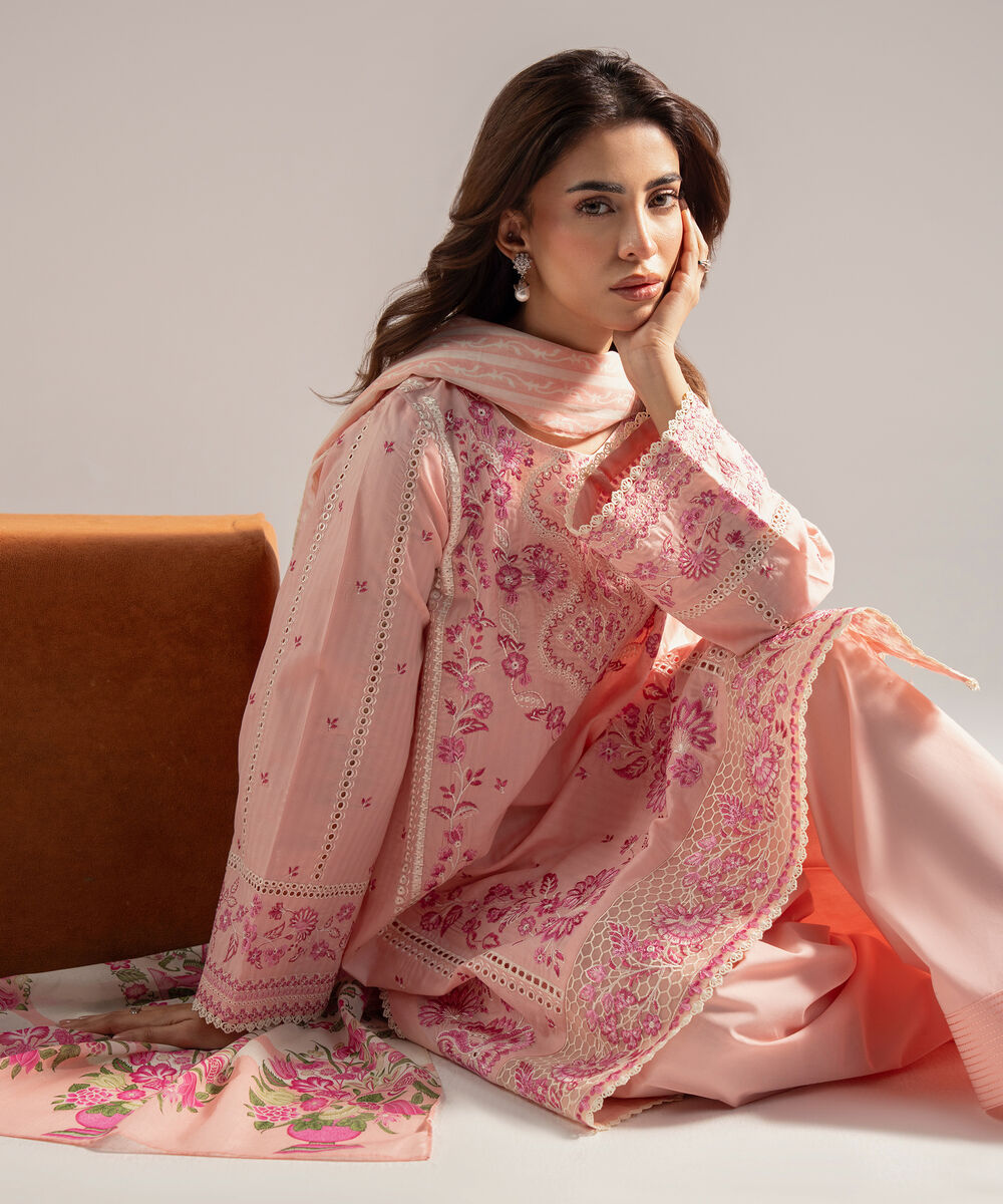 Women's RTW Textured Cotton Embroidered Pink 3 Piece Suit