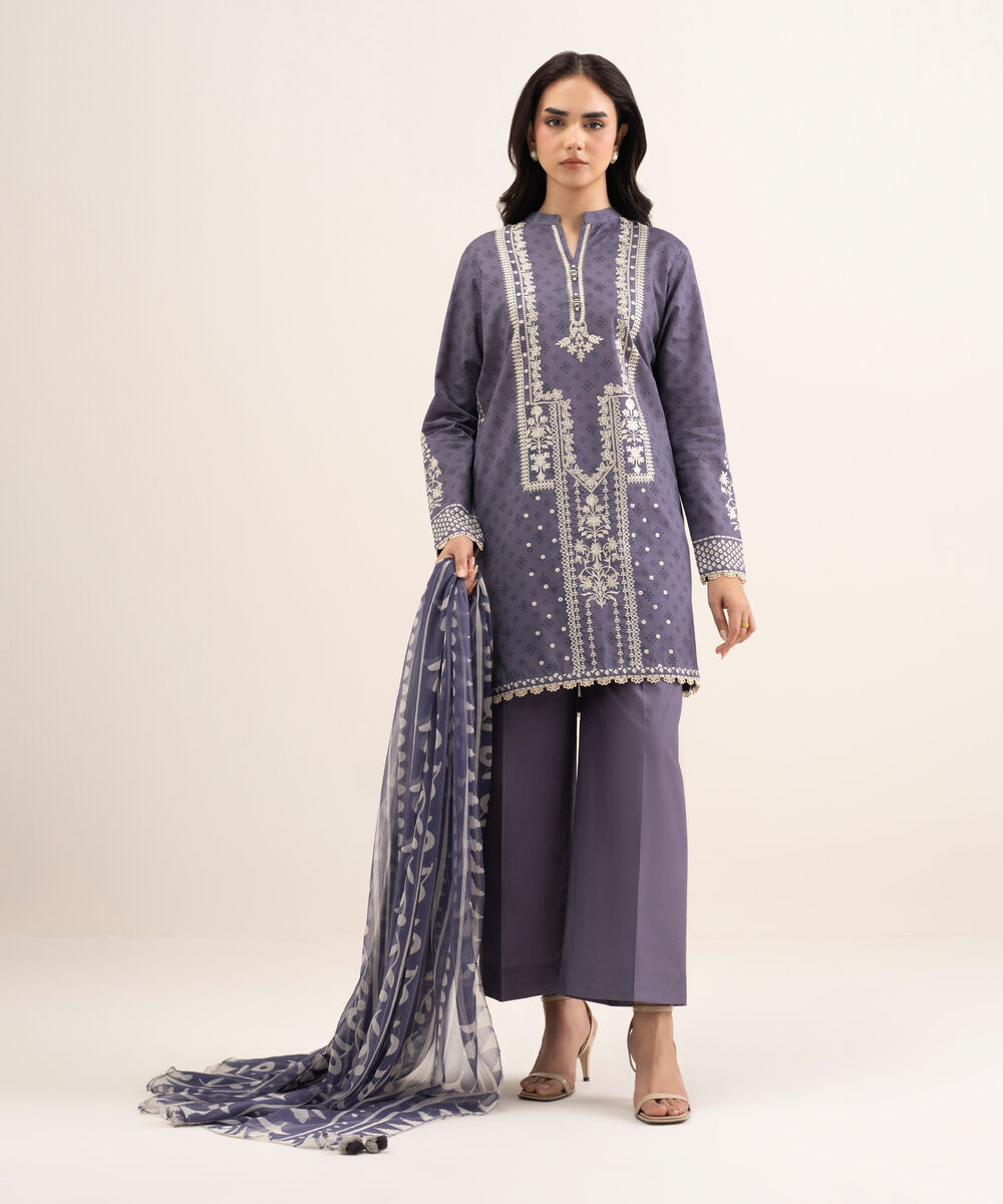 Women's Unstitched Lawn Embroidered Purple 3 Piece Suit
