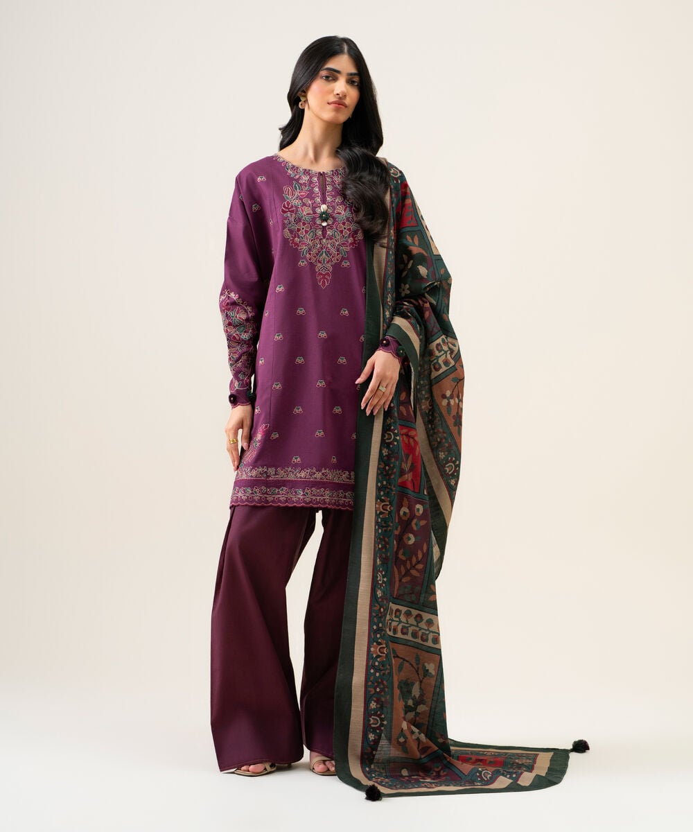Women's Unstitched Textured Cotton Embroidered Purple 3 Piece Suit