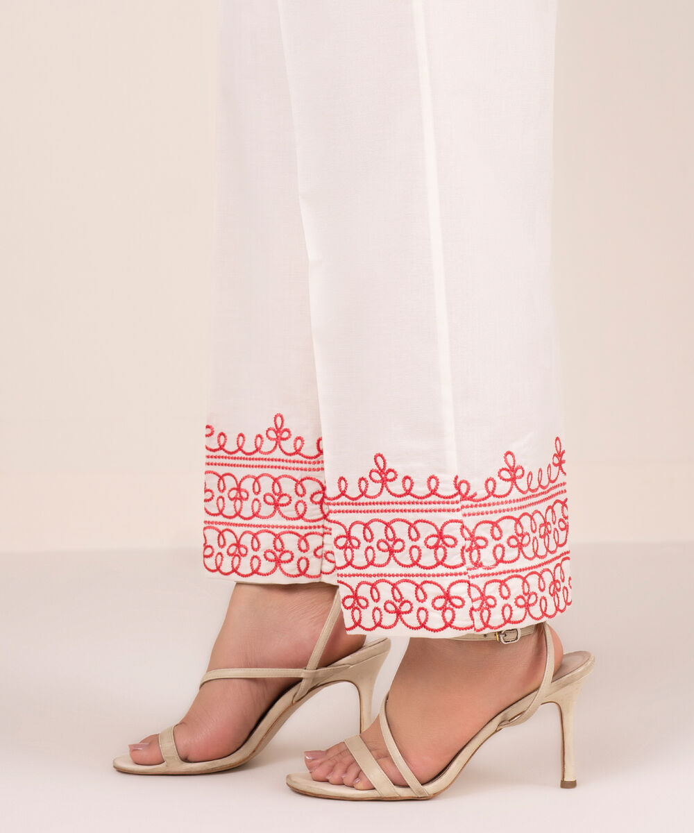 Women's RTW Cambric Embroidered White Straight Pants