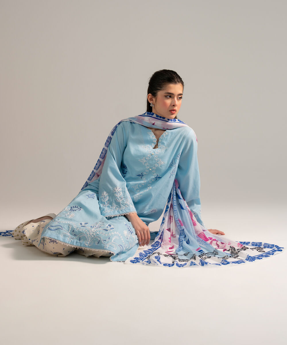 Women's RTW Dobby Embroidered Light Blue 3 Piece Suit