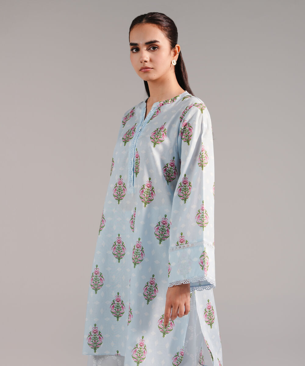 Women's RTW Lawn Printed Ice Blue Straight Shirt