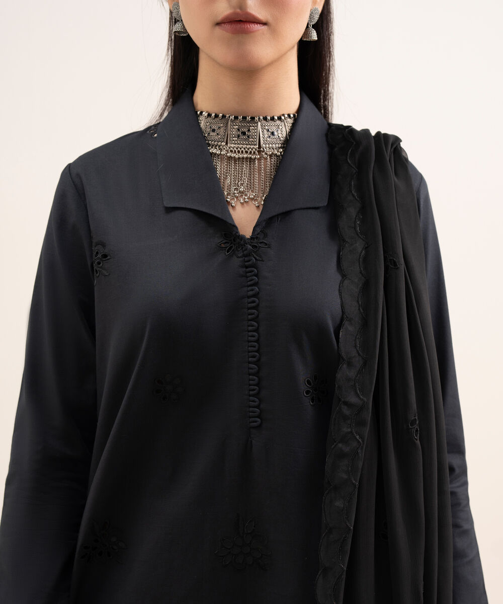 Women's Unstitched Textured Lawn Embroidered Black 3 Piece Suit