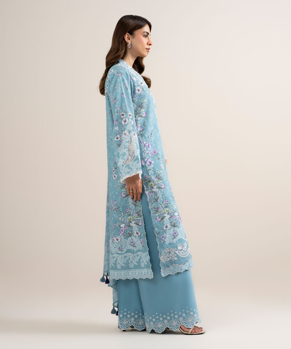 Women's Unstitched Dobby Embroidered Blue 3 Piece Suit