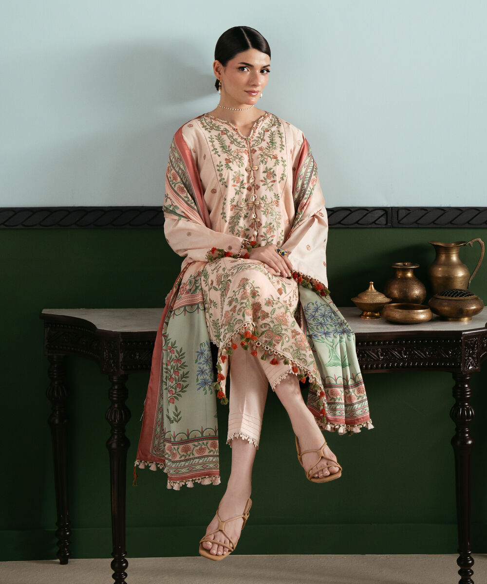 Women's Unstitched Lawn Embroidered Pink 3 Piece Suit