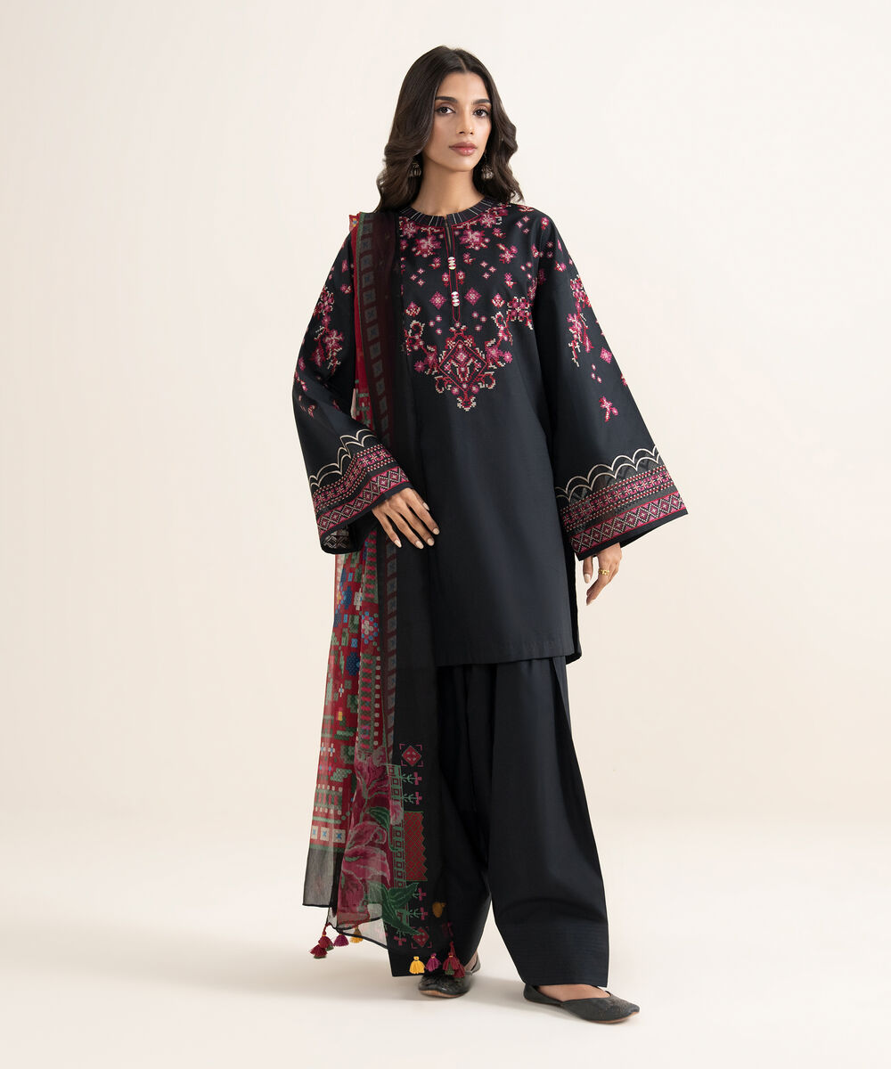Women's Unstitched Textured Lawn Embroidered Black 3 Piece Suit