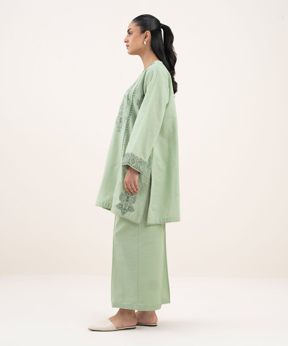 Women's RTW Zari Cotton Embroidered Straight Ice Blue Shirt