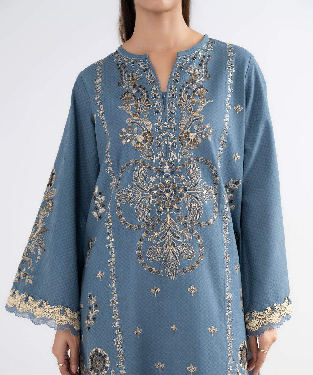 Women's Unstitched Dobby Embroidered Grey 3 Piece Suit