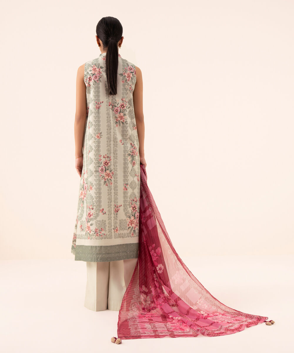 Women's Unstitched Cotton Viscose Embroidered Beige 3 Piece Suit