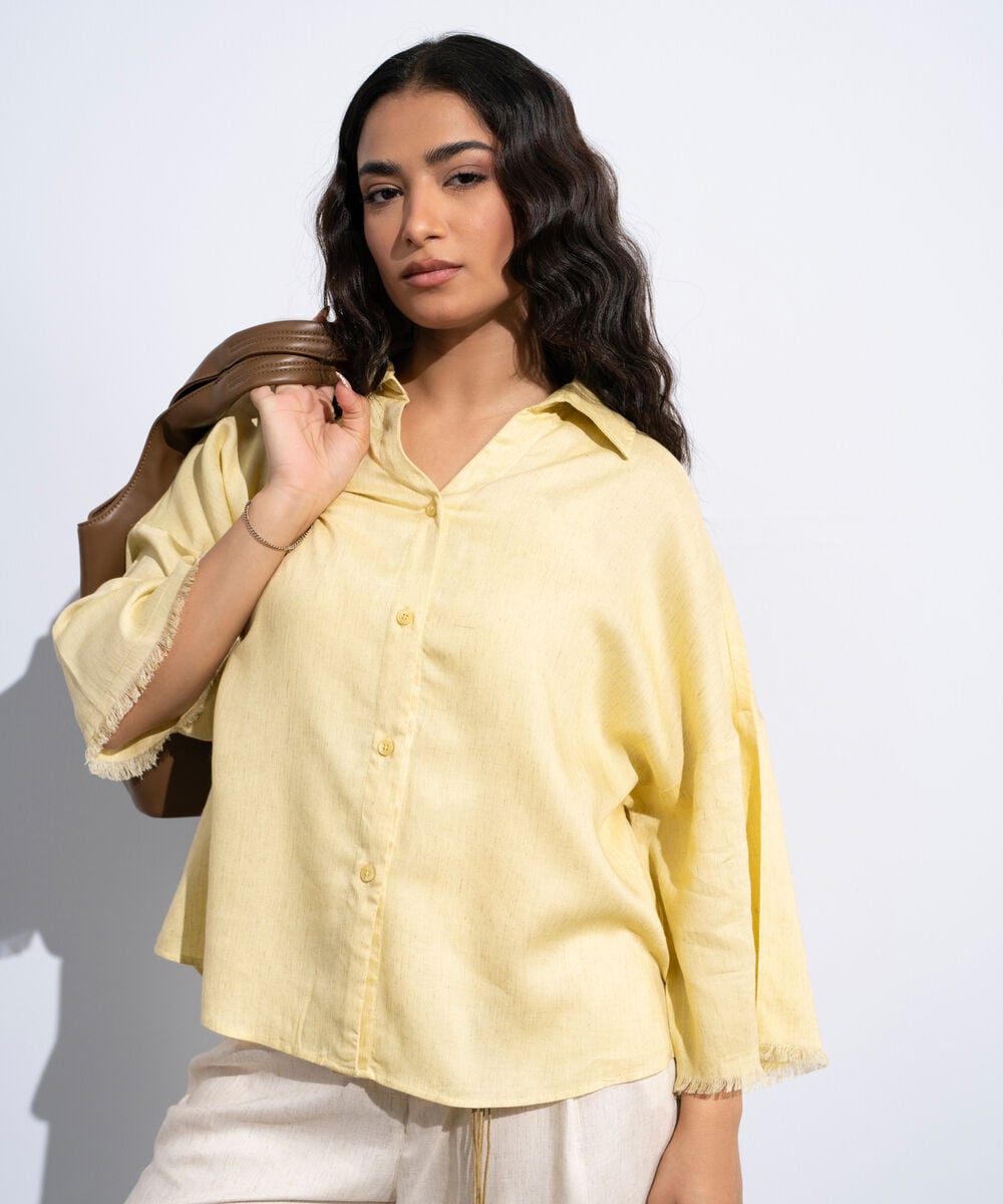 Women's Butter Yellow Linen Blend V-Neck Top