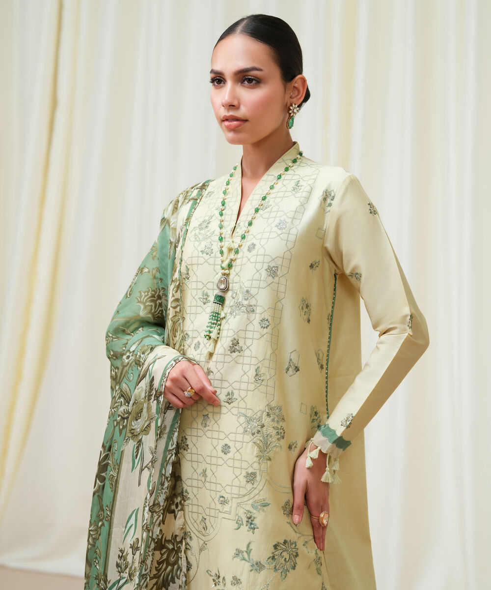 Women's Unstitched Fine Cotton Satin Embroidered Off White 3 Piece Suit