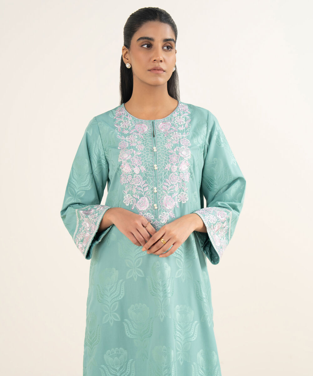 Women's RTW Jacquard Embroidered Blue A-Line Shirt