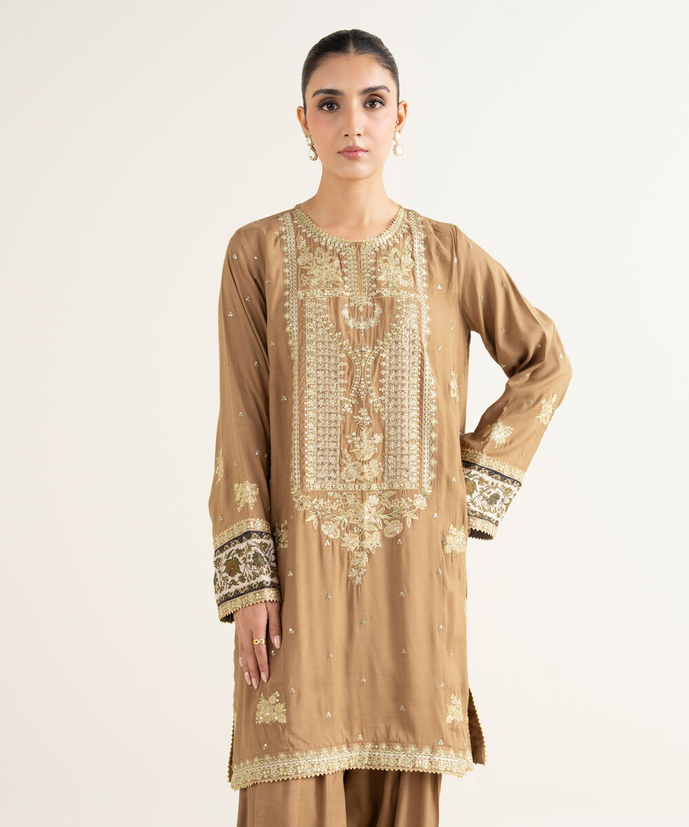 Women's RTW Viscose Raw Silk Embroidered Beige 2 Piece Suit
