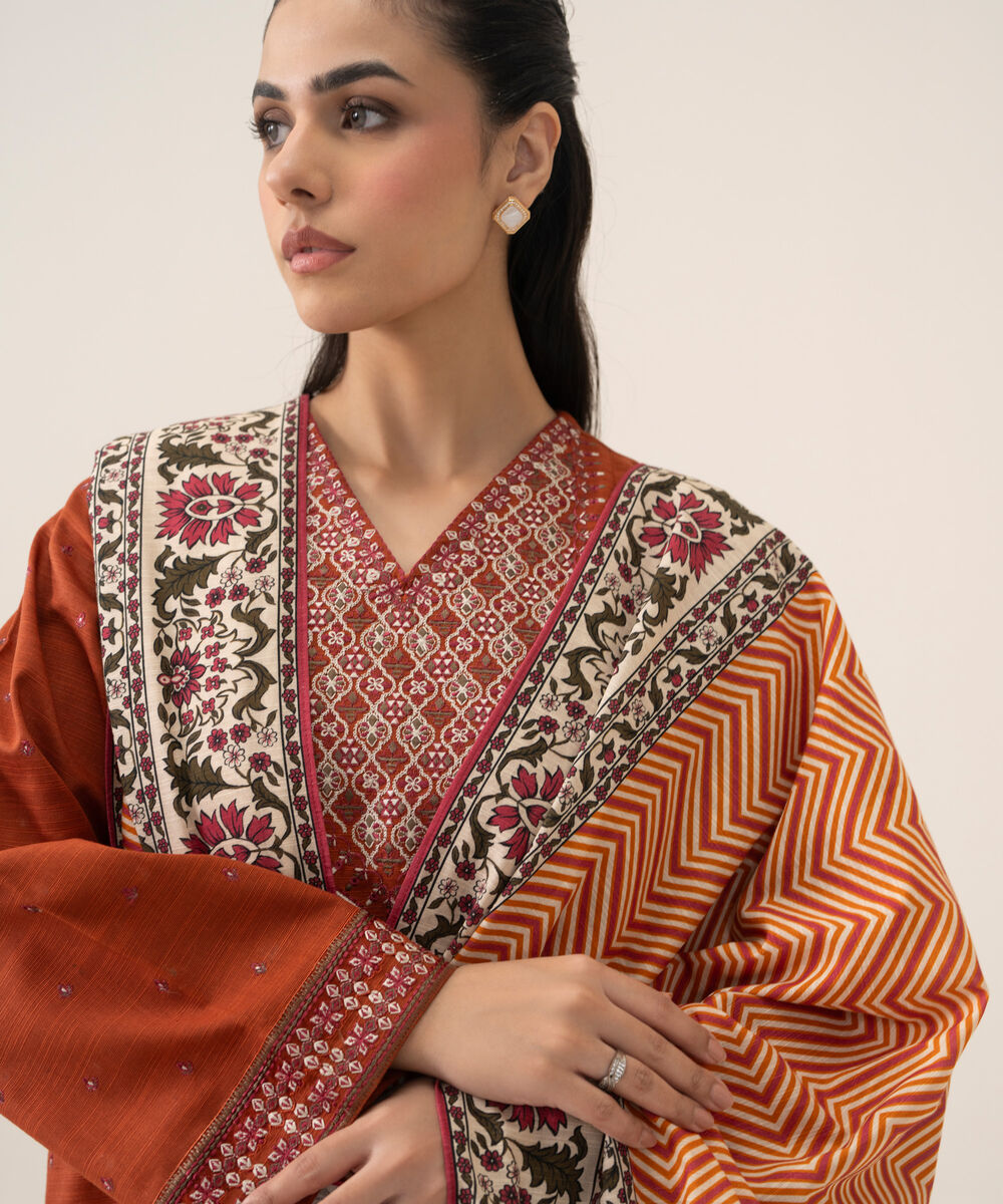 Women's Unstitched Cotton Embroidered Burnt Orange 3 Piece Suit
