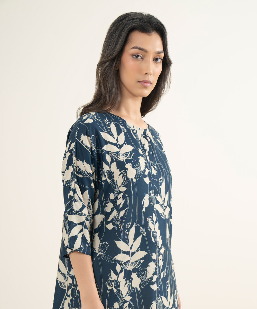 Women's RTW Arabic Cambric Printed Blue Drop Shoulder Shirt
