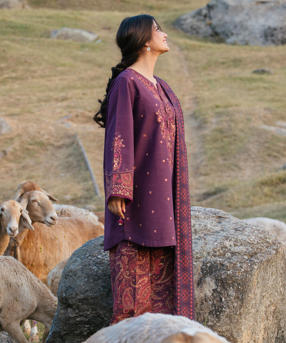 Women's Unstitched Khaddar Embroidered Purple 3 Piece Suit