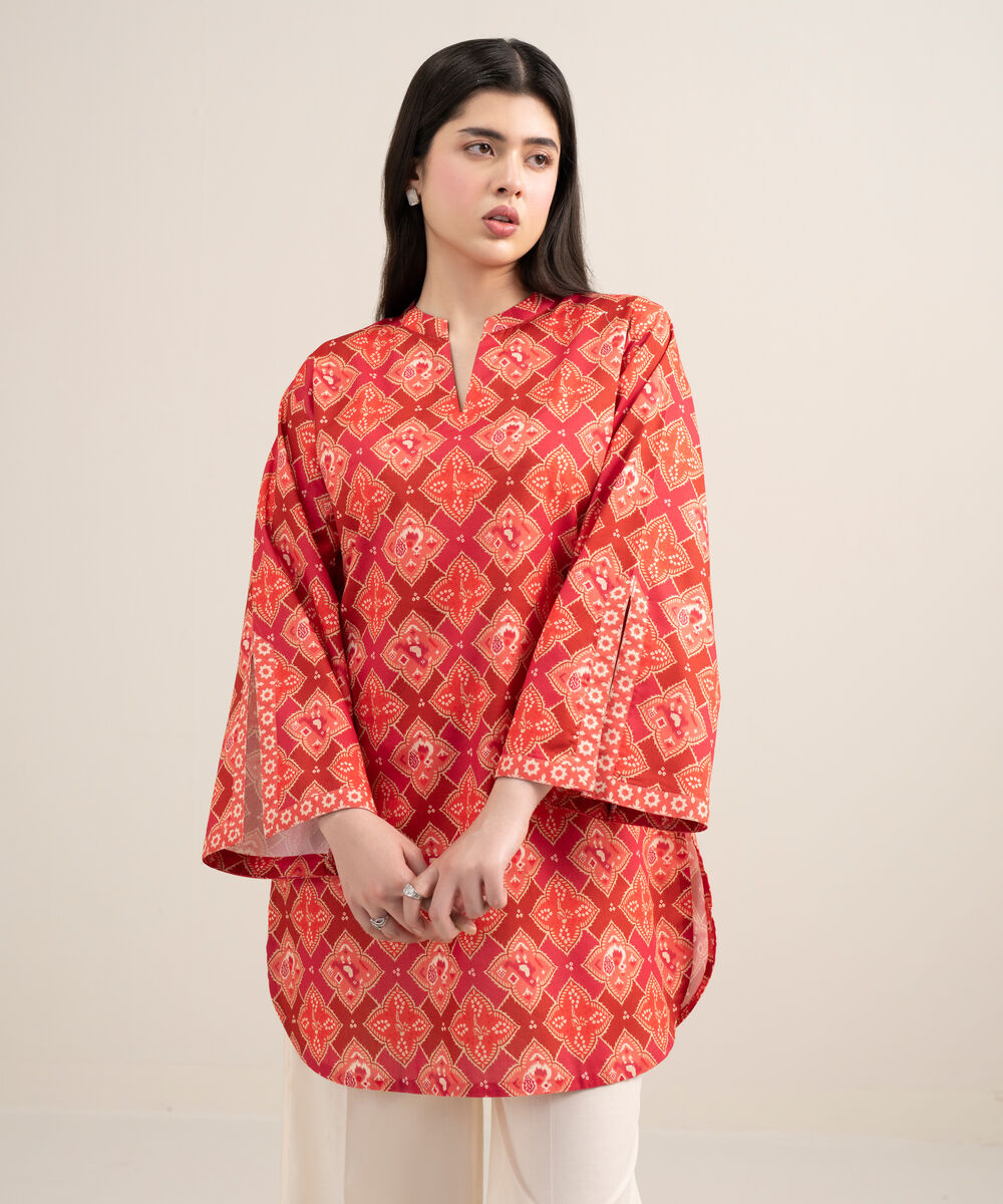 Women's Unstitched Lawn Printed Red Shirt