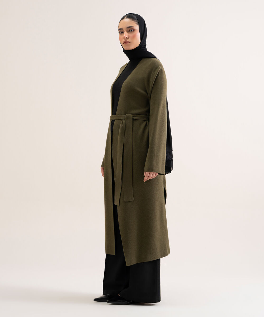 Women's Olive Green Solid Sweater-Knit Abaya Set