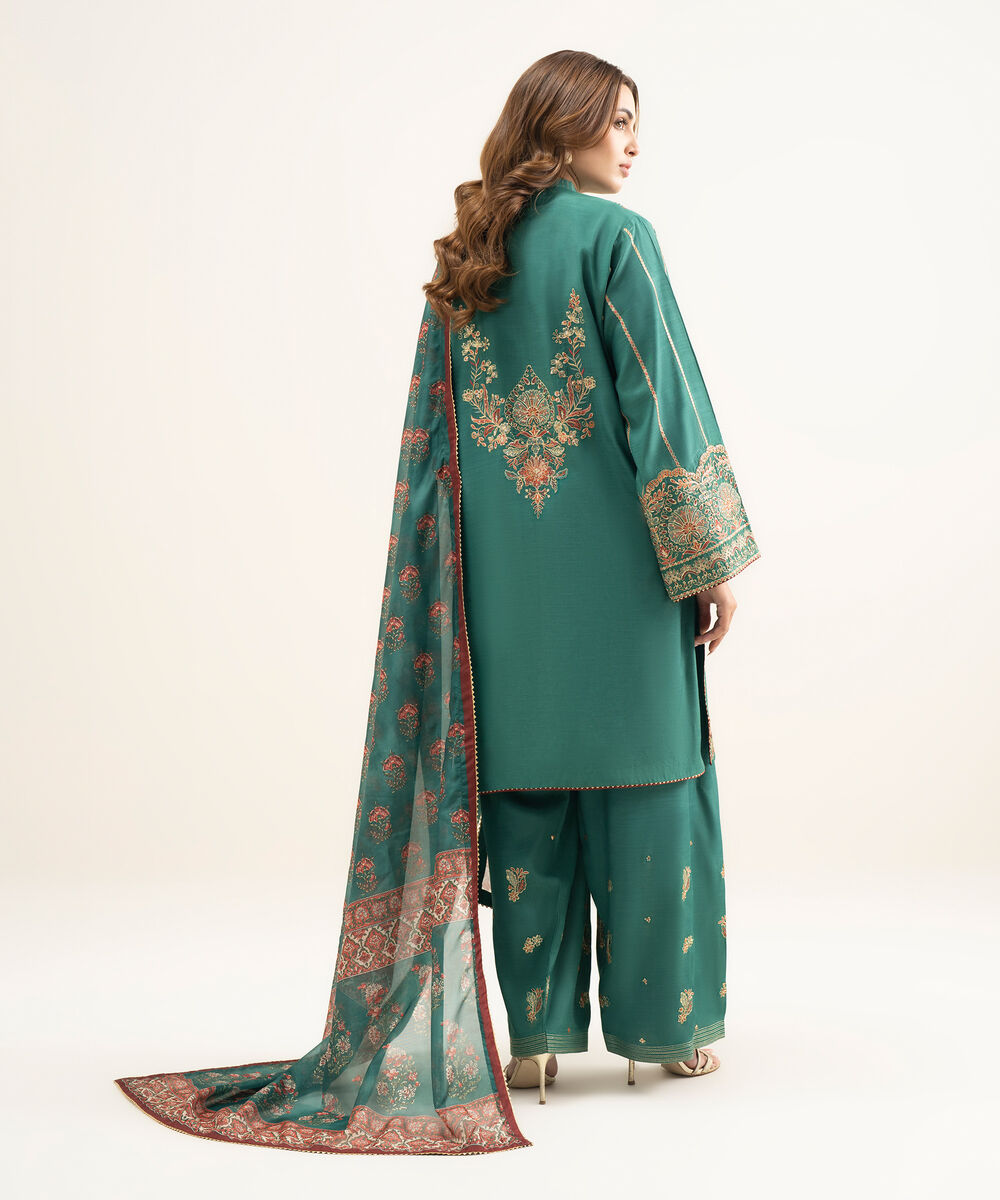 Women's Unstitched Blended Raw Silk Embroidered Green 3 Piece Suit