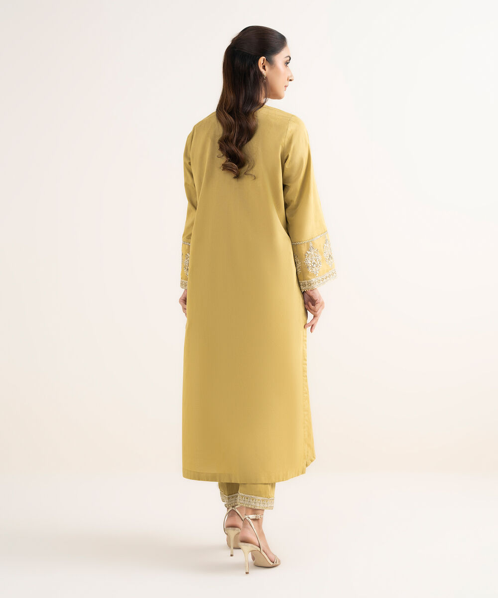 Women's RTW Self Jacquard Leno Embroidered Yellow A-Line Shirt