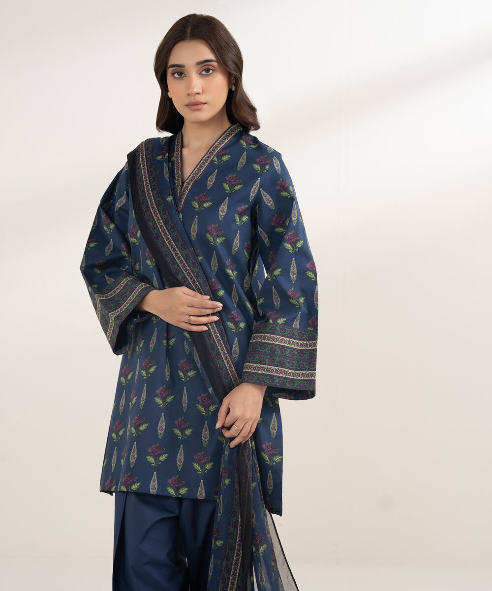 Women's Unstitched Lawn Printed Blue 3 Piece Suit