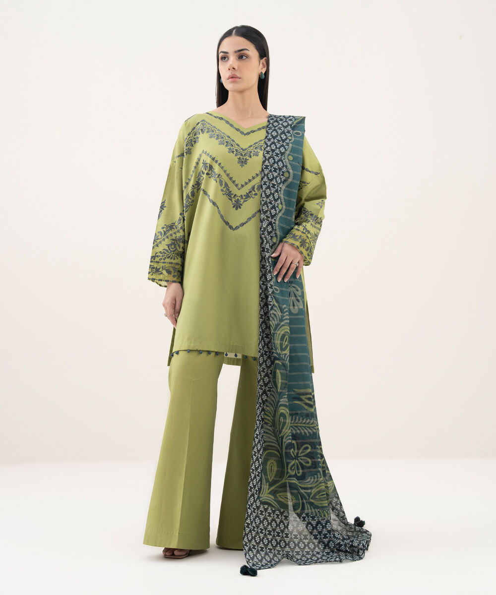 Women's Unstitched Cotton Embroidered Green 3 Piece Suit