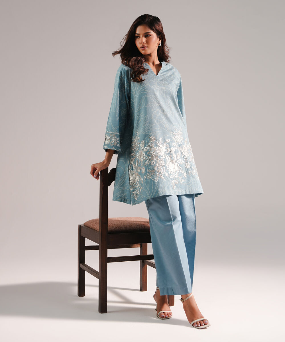 Women's RTW Dobby Embroidered Blue 2 Piece Suit