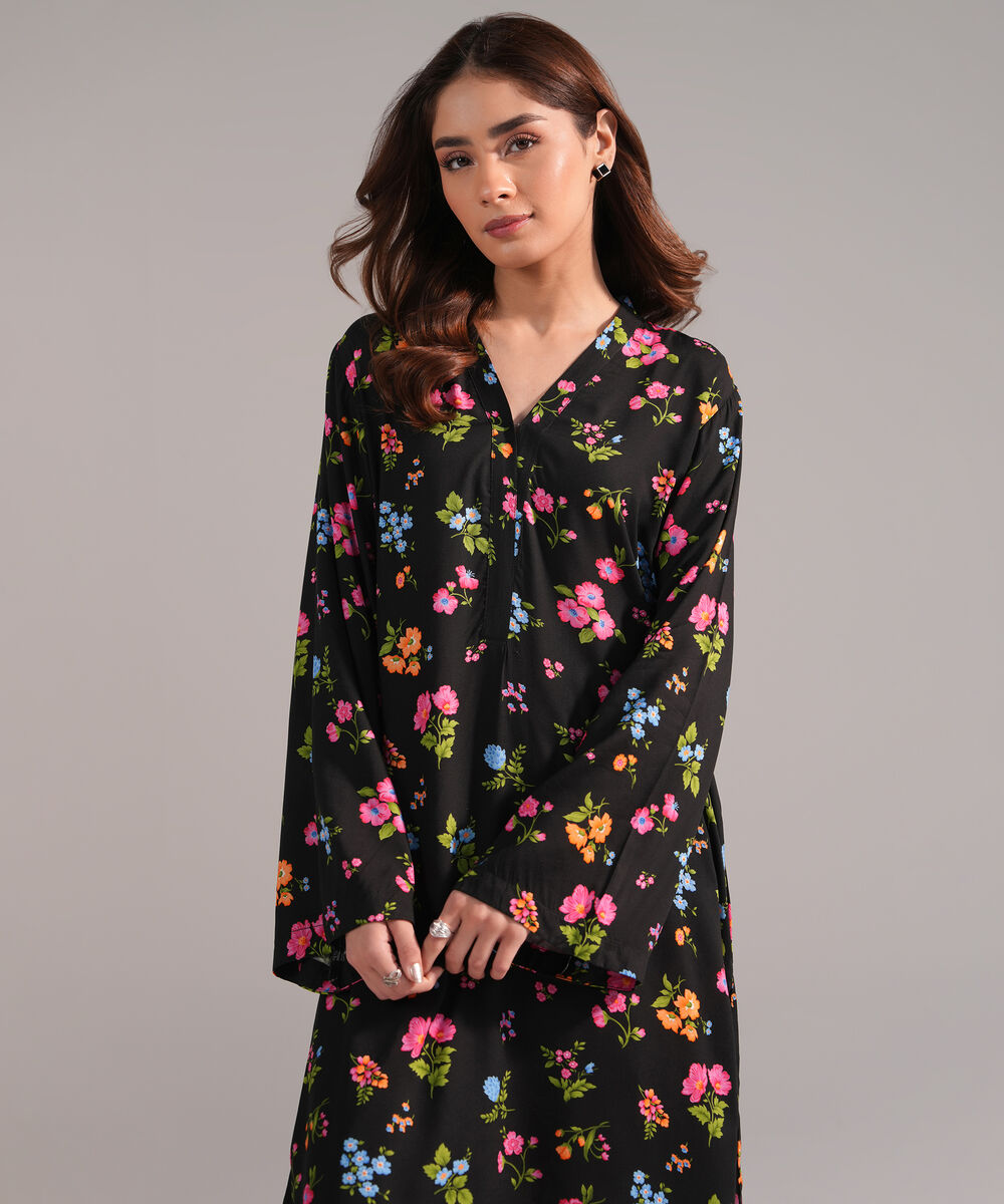 Women's RTW Arabic Lawn Printed Black Straight Shirt