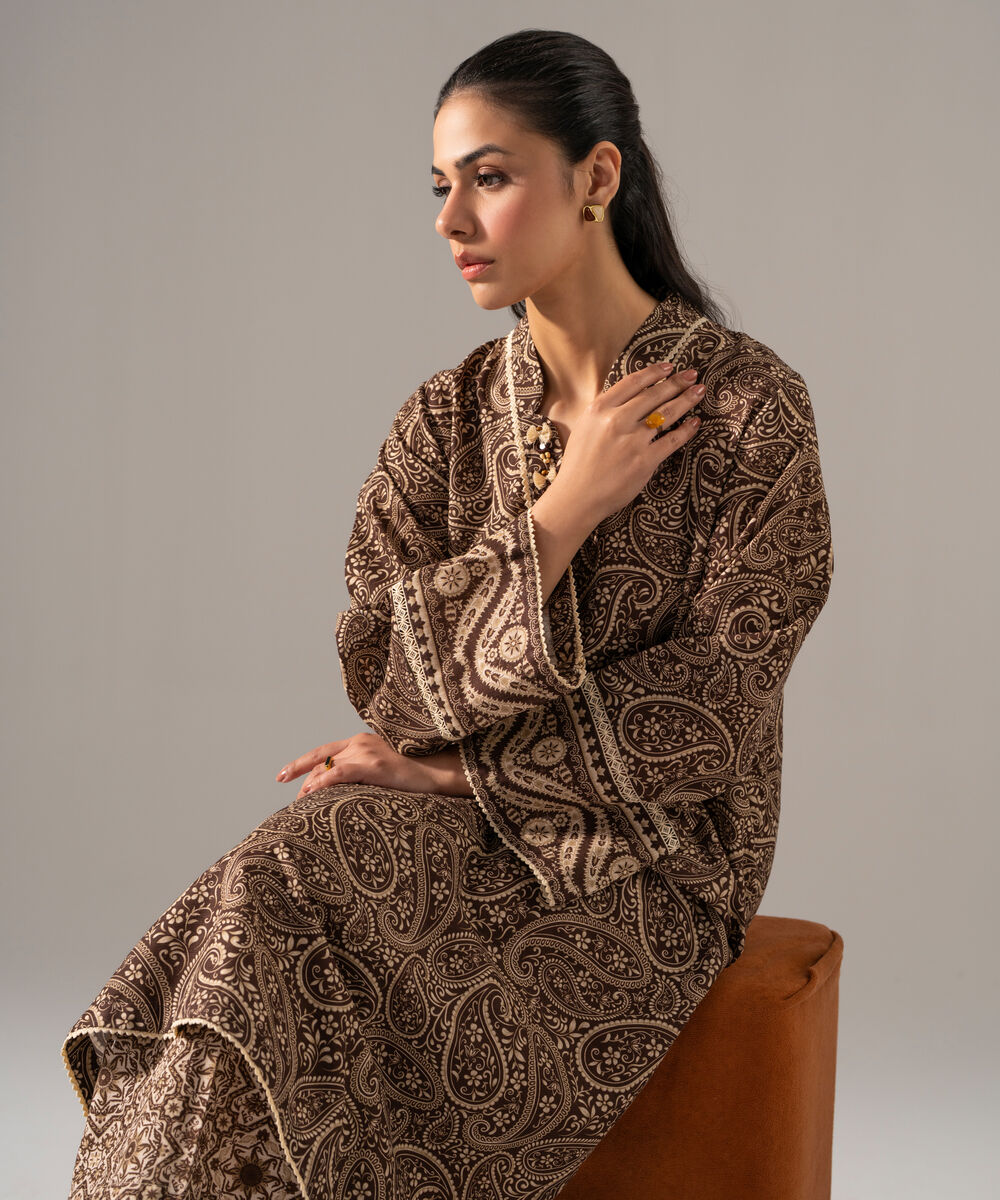 Women's RTW Khaddar Printed Brown 2 Piece Suit