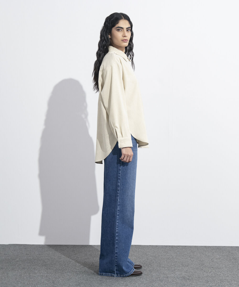 Women's Western Wear Beige Button Through Corduroy Shirt