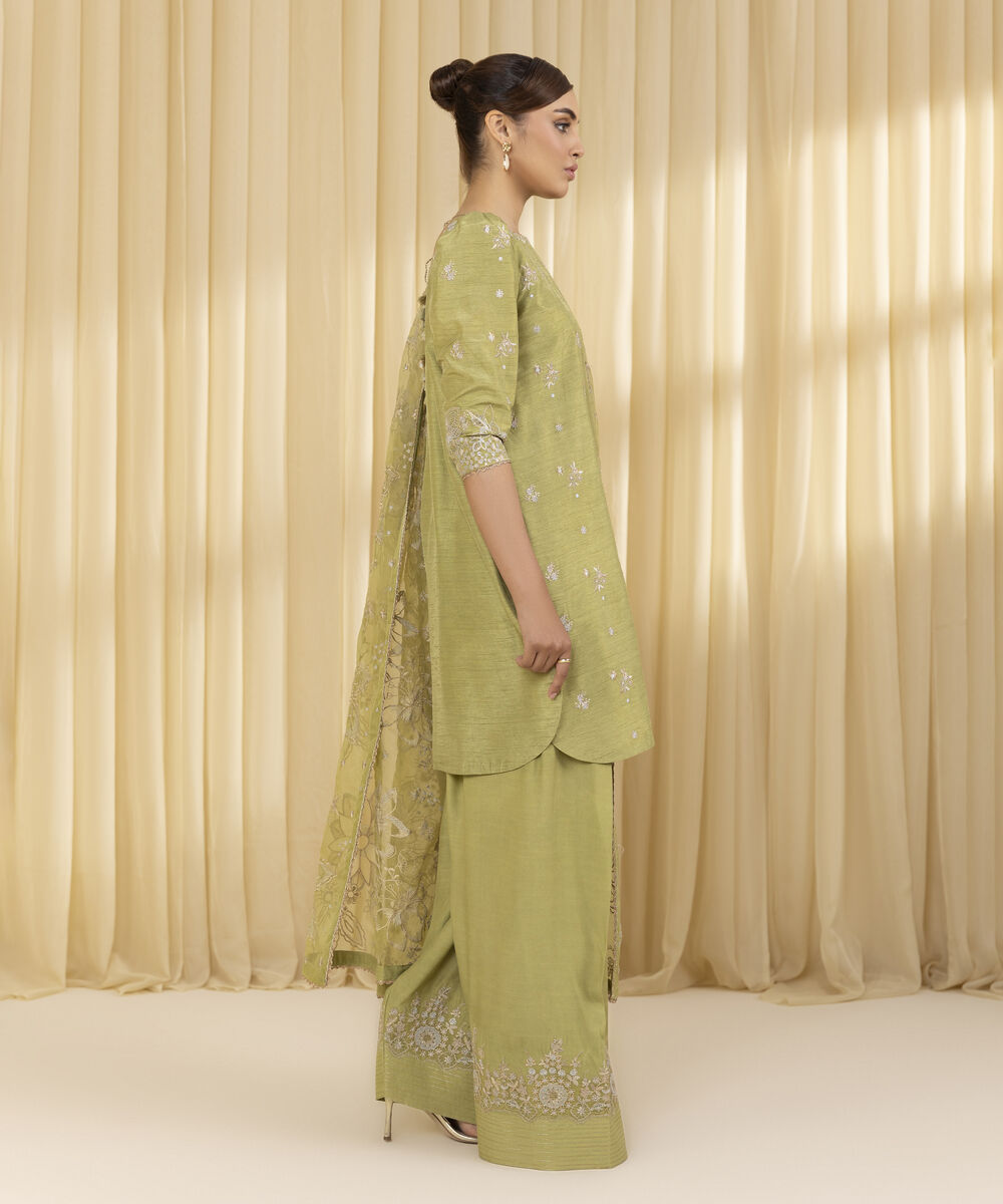 Unstitched Women's Green Raw Silk 3 Piece Suit
