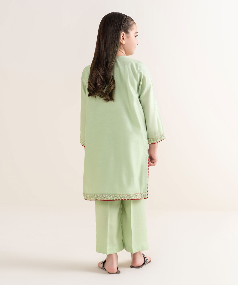 Girl's Silk Cotton Net Embroidered Green 2 Piece Suit
