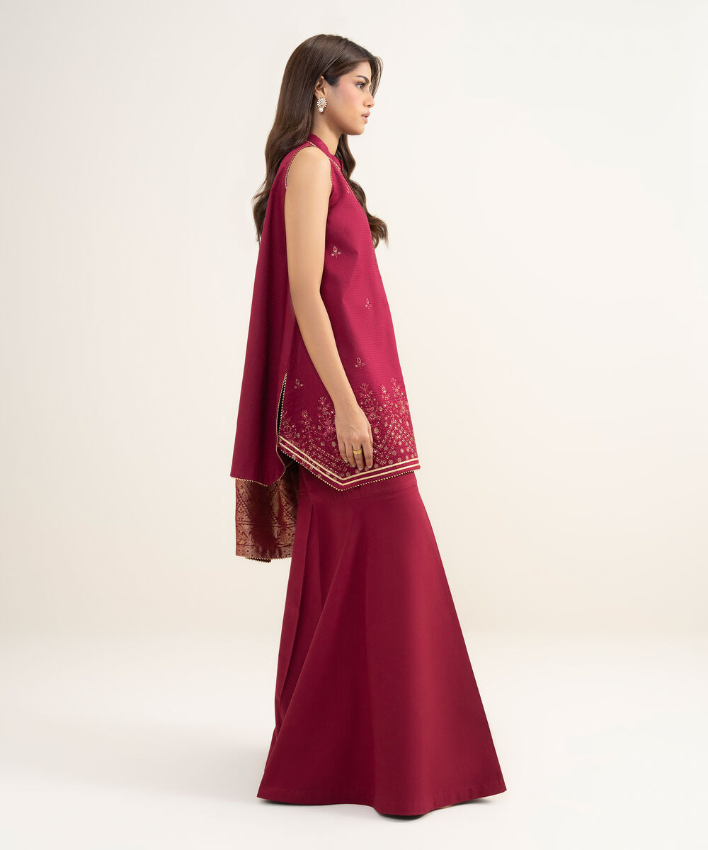 Women's Unstitched Dobby Embroidered Red 3 Piece Suit